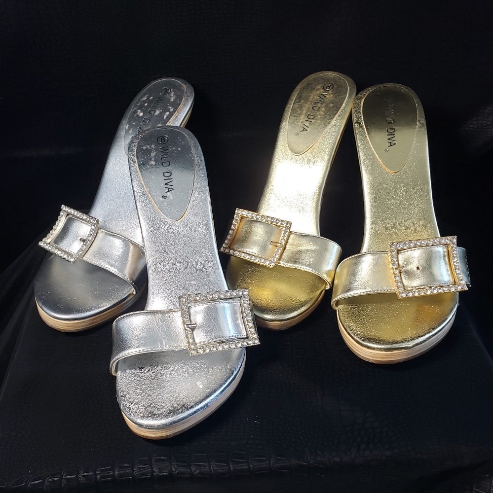 2 Pair Wild Diva Gold and Silver Wood Sole Heels